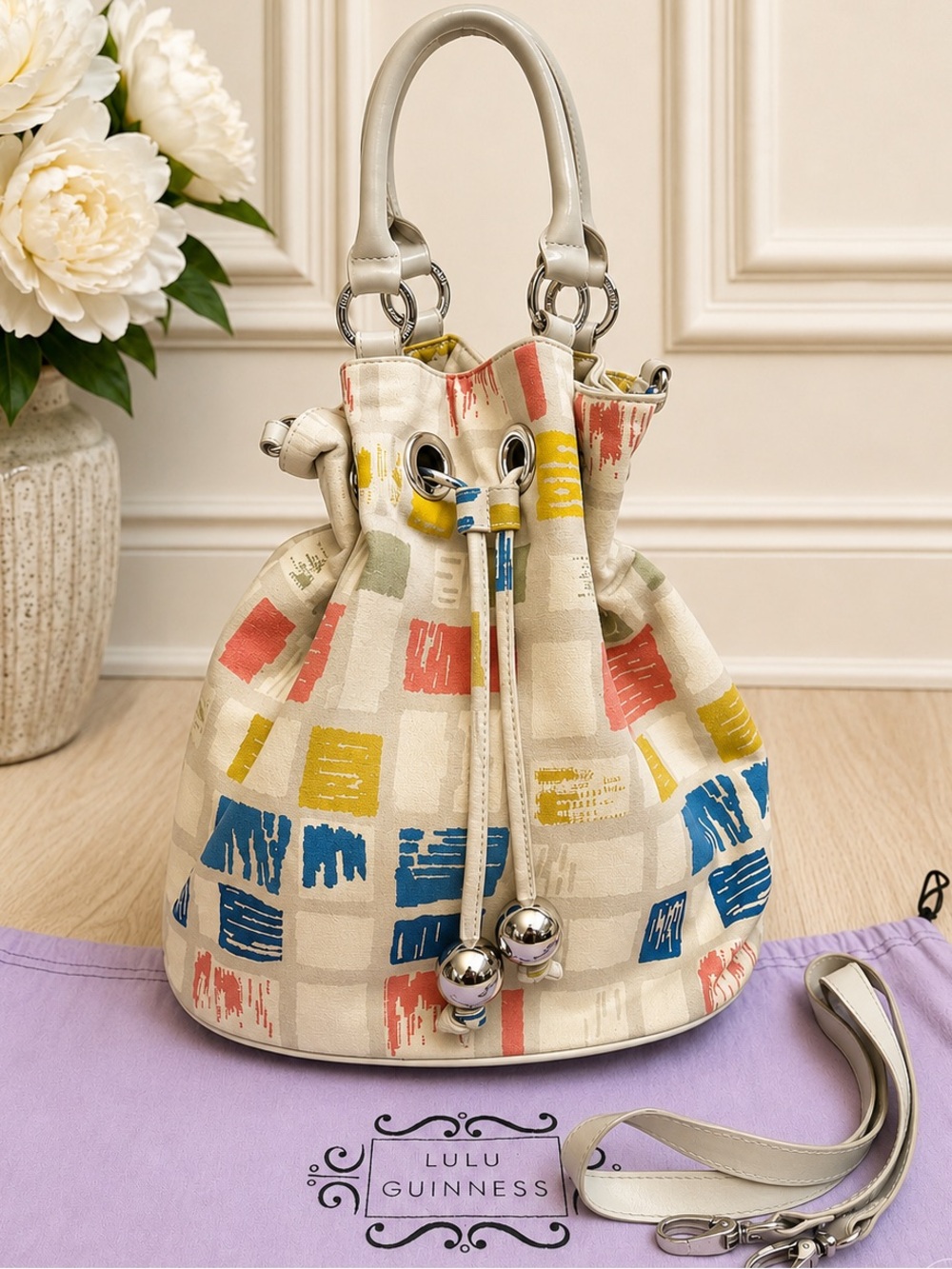 VTG Lulu Guinness Abstract Block Canvas Drawstring Bucket Bag Crossbody Rare